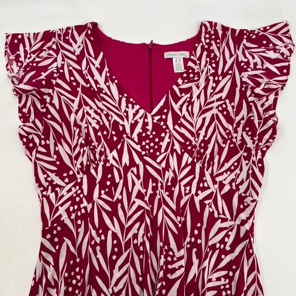 London Times Pink Leaf Print Flutter Midi Dress | Size 12 - Picture 2 of 6